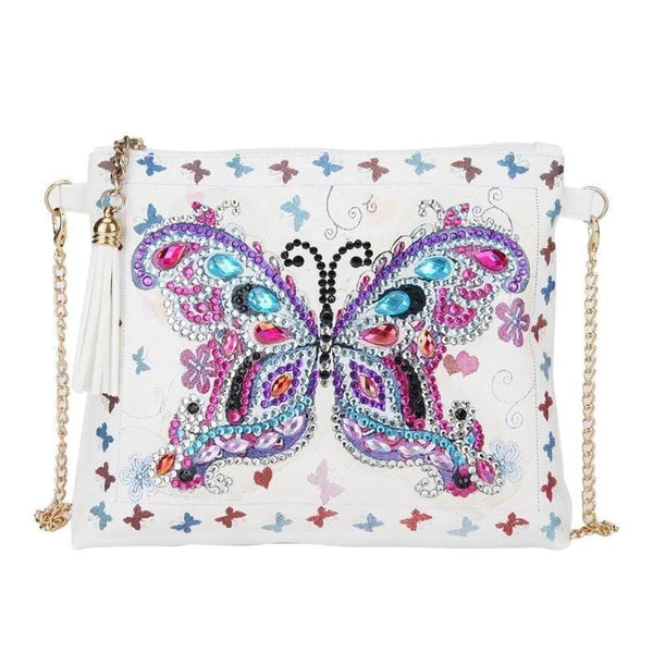 Small Leather Crossbody Bag With Chain - Blue Pink Butterfly Diamond Art Design