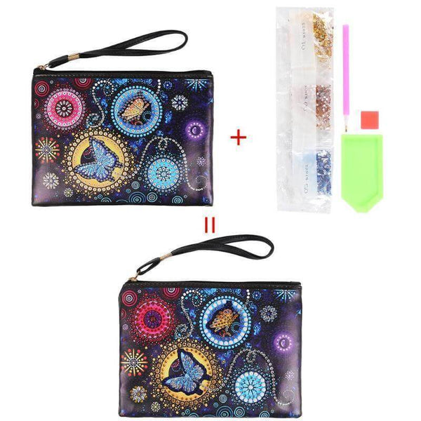 Small Leather Clutch Bag With Wristlet - Butterfly Delight Diamond Art Design