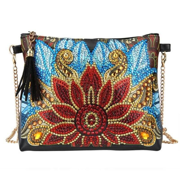 Small Leather Crossbody Bag With Chain - Red Lotus Diamond Art Design