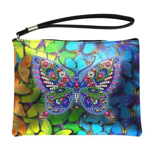 Small Leather Clutch Bag With Wristlet - Butterfly Paradise Diamond Art Design
