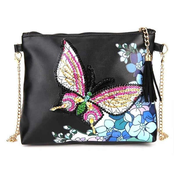 Small Leather Crossbody Bag With Chain - White Pink Butterfly Diamond Art Design