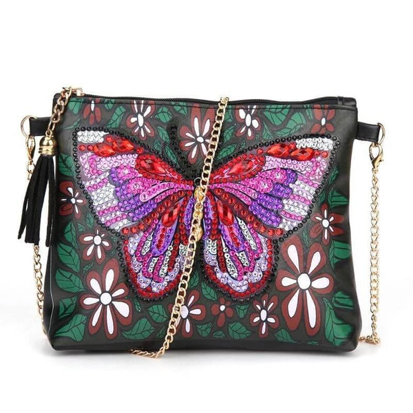 Small Leather Crossbody Bag With Chain - American Butterfly Diamond Art Design
