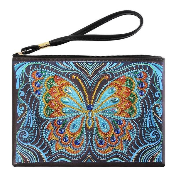 Small Leather Clutch Bag With Wristlet - Golden Blue Butterfly Diamond Art Design