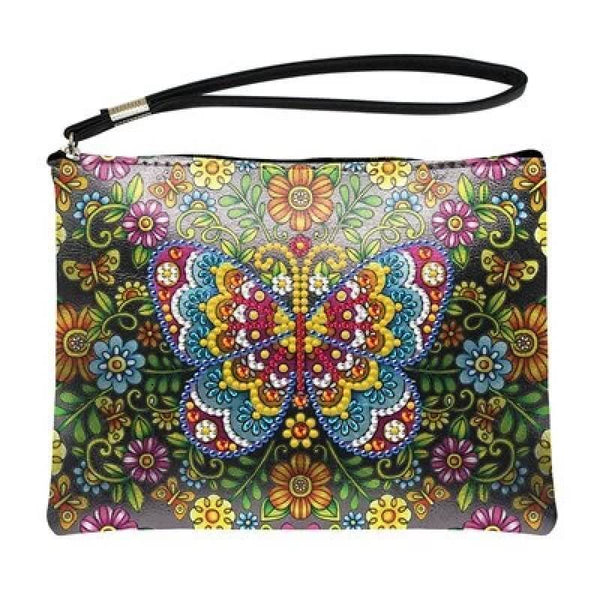 Small Leather Clutch Bag With Wristlet - Colorful Butterfly Diamond Art Design