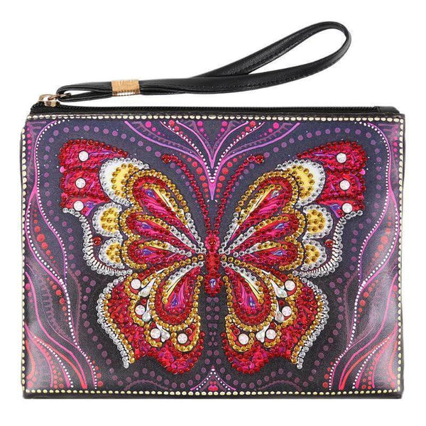Small Leather Clutch Bag With Wristlet - Red Butterfly Diamond Art Design