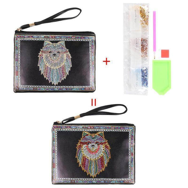 Small Leather Clutch Bag With Wristlet - Wolf Diamond Art Design