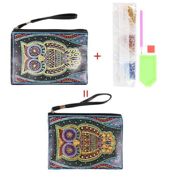 Small Leather Clutch Bag With Wristlet - Wise Owl Diamond Art Design