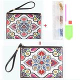 Small Leather Clutch Bag With Wristlet - Red Pink Mandala Diamond Art Design