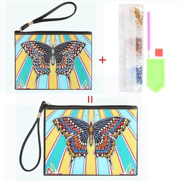 Small Leather Clutch Bag With Wristlet - Butterfly Rays Diamond Art Design