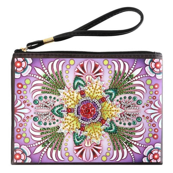 Small Leather Clutch Bag With Wristlet - Yellow Red Flower Diamond Art Design