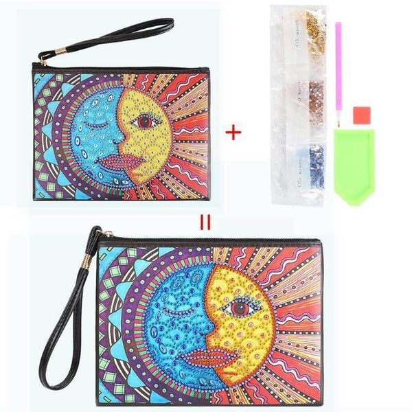 Small Leather Clutch Bag With Wristlet - Moon And Sun Face Diamond Art Design