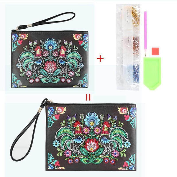 Small Leather Clutch Bag With Wristlet - Rooster Diamond Art Design