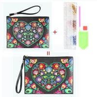 Small Leather Clutch Bag With Wristlet - Flower Heart Diamond Art Design