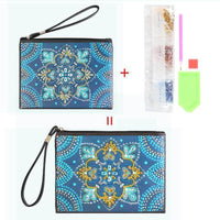 Small Leather Clutch Bag With Wristlet - Cool Blue Mandala Diamond Art Design
