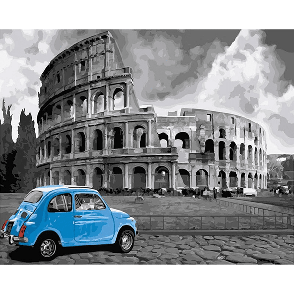 Rome Colosseum With Blue Car